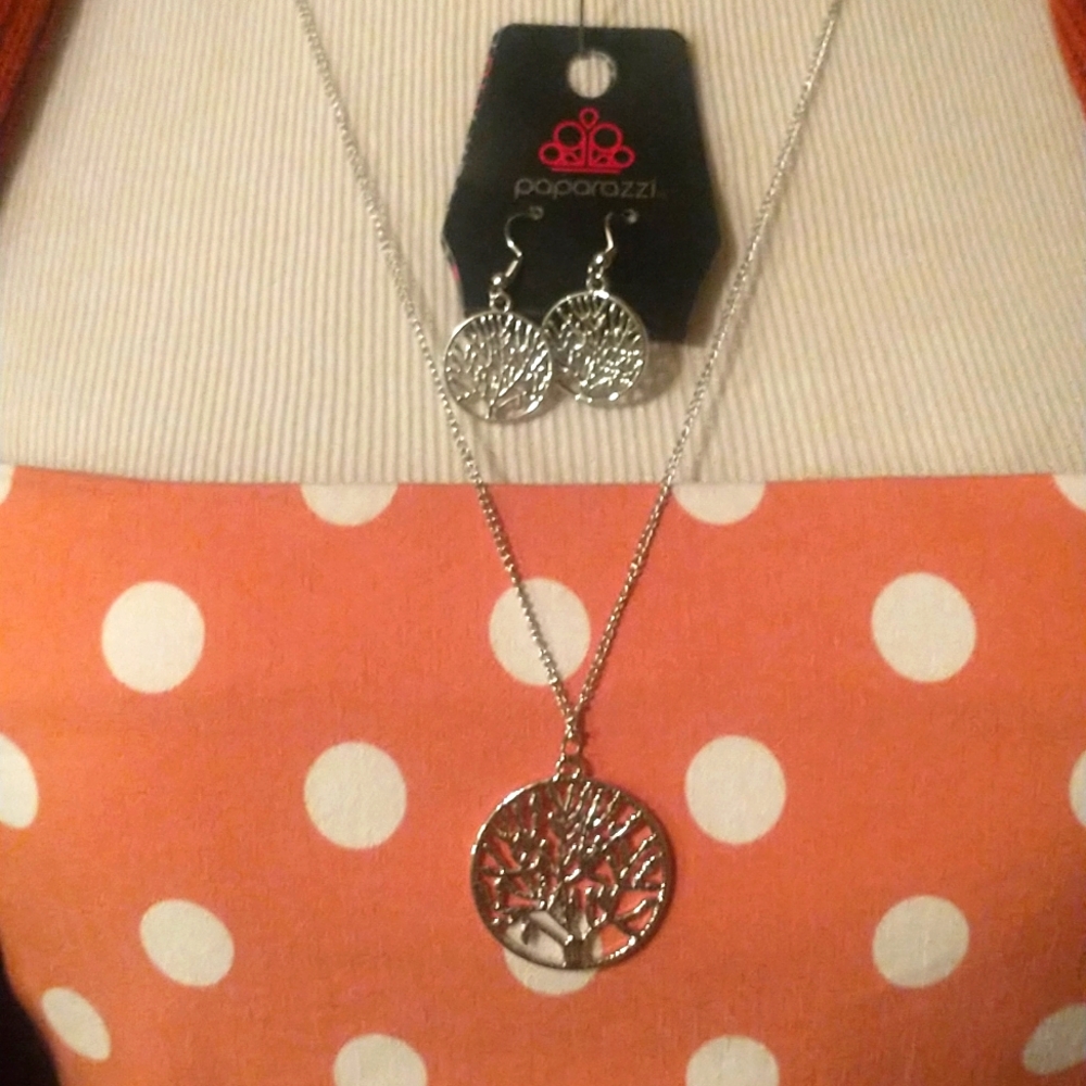 Paparazzi Silver Tree of Life Earrings and Necklace Set coordinated jewelry set